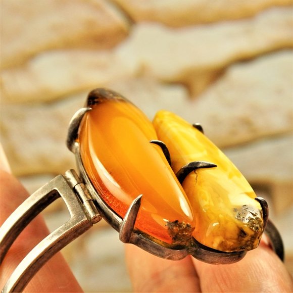 SUPER RARE MODERNIST AMBER STERLING BRACELET, HEAVY HINGED BANGLE 7" - Picture 10 of 11